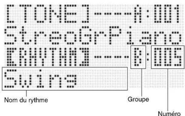 LTONE]----A:001 StreoGr Piano ERYTHM]----B:005 Swing Nom du rythme Groupe Numéro