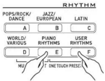 RHYTHM POPS/ROCK/ DANCE JAZZ/ EUROPEAN LATIN A B C WORLD/ VARIOUS PIANO RHYTHMS USER RHYTHMS D E F MU T ONE TOUCH PRESE