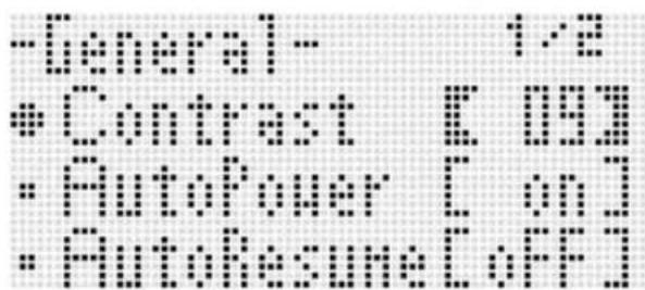 -General: 1/2 -Contrast: [199] -AutoPower L on J -AutoResume L off J