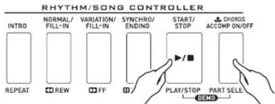 RHYTHM/SONG CONTROLLER INTRO NORMAL/ FILL-IN VARIATION/ FILL-IN SYNCHRO/ ENDING START/ STOP CHORDS ACCOMP ON/OFF REPEAT REW FF PLAY/STOP PART SELE DEMO