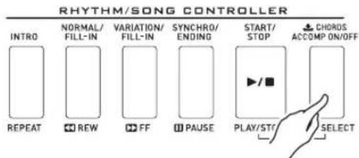 RHYTHM/SONG CONTROLLER INTRO NORMAL/ FILL-IN VARIATION/ FILL-IN SYNCHRO/ ENDING START/ STOP ↓ CHORDS ACCOMP ON/OFF REPEAT REW FF PAUSE PLAY/STC SELECT