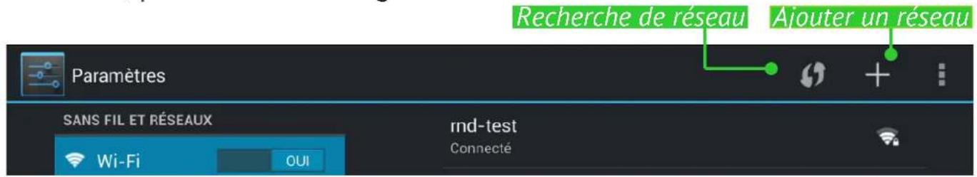 Recherche de réseau Ajouter un réseau Paramètres SANS FIL ET RÉSEAUX rnd-test Wi-Fi OUI Connecté