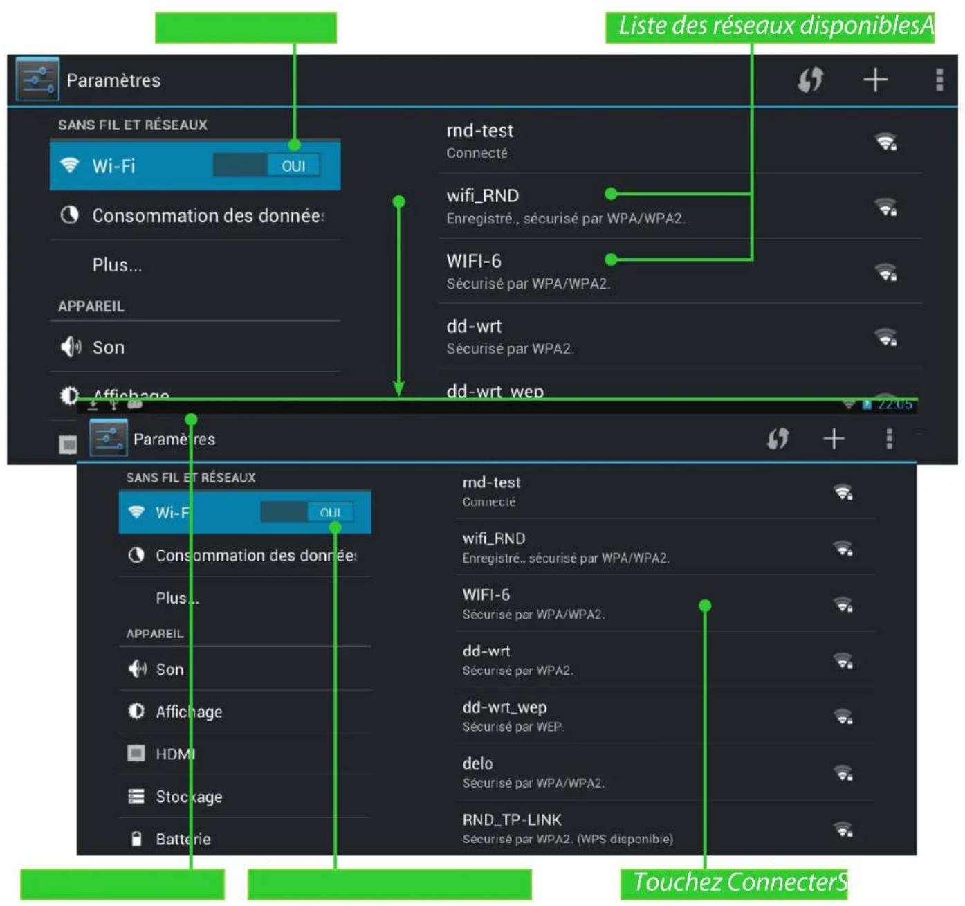 Liste des réseaux disponiblesA Paramètres SANS FIL ET RÉSEAUX Wi-Fi OUI Consommation des donnée: Plus... APPAREIL Son Affichage Paramètres rnd-test Connecté wifi_RND Enregistré, sécurisé par WPA/WPA2. WIFI-6 Sécurisé par WPA/WPA2. dd-wrt Sécurisé par WPA2. dd-wrt_wep z2.05 SANS FIL ET RÉSEAUX Wi-Fi OUI Consommation des donnée: Plus... APPAREIL Son Affichage HDMI Stockage Batterie rnd-test Connecté wifi_RND Enregistré, sécurisé par WPA/WPA2. WIFI-6 Sécurisé par WPA/WPA2. dd-wrt Sécurisé par WPA2. dd-wrt_wep Sécurisé par WEP. delo Sécurisé par WPA/WPA2. RND_TP-LINK Sécurisé par WPA2. (WPS disponible) Touchez ConnecterS