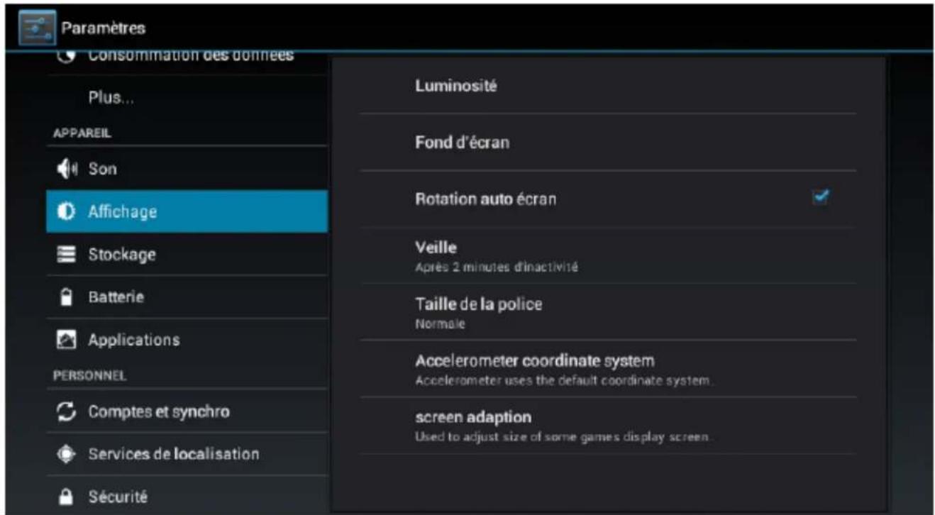 Paramètres Consommation des données Plus... APPAREIL Son Affichage Stockage Batterie Applications PERSONNEL Comptes et synchro Services de localisation Sécurité Luminosité Fond d'écran Rotation auto écran Veille Après 2 minutes d'inactivité Taille de la police Normale Accelerometer coordinate system Accelerometer uses the default coordinate system. screen adaption Used to adjust size of some games display screen.