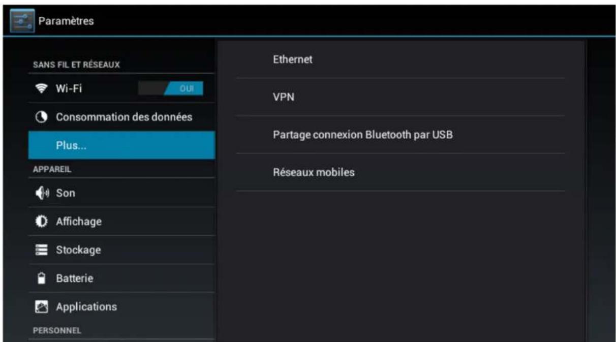 Paramètres SANS FIL ET RÉSEAUX Wi-Fi OUI Consommation des données Plus... AppAREIL Son Affichage Stockage Batterie Applications PERSONNEL Ethernet VPN Partage connexion Bluetooth par USB Réseaux mobiles