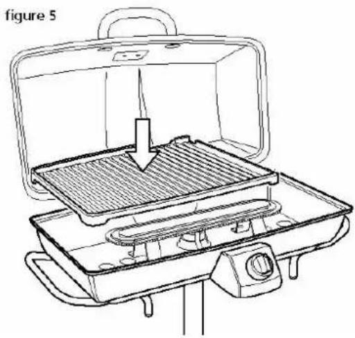 Line drawing of a portable stove with a grating and a downward arrow indicating heating (no text or symbols)