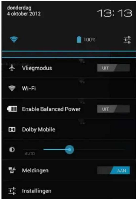 donderdag 4 oktober 2012 13:13 Vliegmodus Wi-Fi Enable Balanced Power Dolby Mobile AUTO Meldingen AAN Instellingen