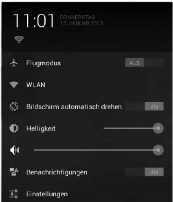 11:01 DONNERSTAG 10. JANUAR 2013 Flugmodus WLAN Bildschirm automatisch drehen Helligkeit Benachrichtigungen Einstellungen