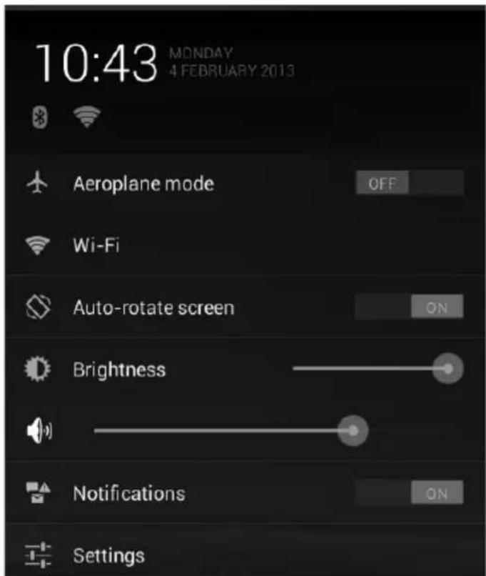 10:43 MONDAY 4 FEBRUARY 2013 Aeroplane mode OFF Wi-Fi Auto-rotate screen ON Brightness Notifications ON Settings