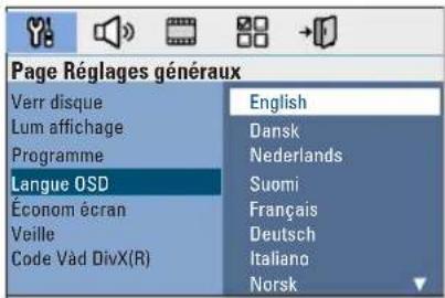 Page Réglages généraux : verrouillage disque, luminosité affichage, programme, langue OSD, économie d'écran, veille, code Vidéo DivX(R). Langues : anglais, danois, néerlandais, finnois, français, allemand, italien, norvégien.