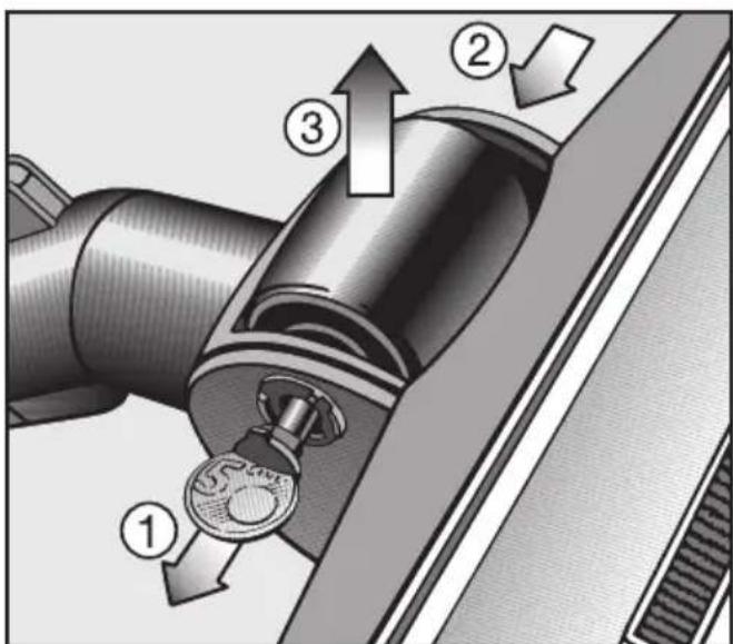 Technical diagram of a mechanical component with numbered parts and directional arrows indicating flow or movement.