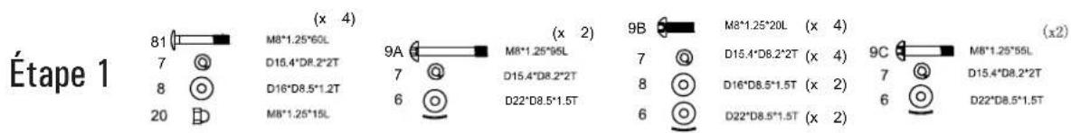 Étape 1 81 7 8 20 (x 4) M8*1.25*60L D15.4*D8.2*2T D16*D8.5*1.2T M8*1.25*15L ( x 2 ) 9A 7 6 D22*D8.5*1.5T ( x 2 ) 9B 7 8 6 M8*1.25*20L ( x 4 ) D15.4*D8.2*2T ( x 4 ) D16*D8.5*1.5T ( x 2 ) D22*D8.5*1.5T ( x 2 ) ( x2 ) 9C 7 6 M8*1.25*55L D15.4*D8.2*2T D22*D8.5*1.5T