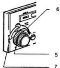 Diagram of a camera with numbered parts labeled 5, 6, and 7 pointing to the camera's side panel.