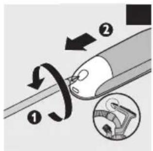 Diagram illustrating a mechanical or electrical process with labeled steps 1 and 2, showing directional arrows and a magnified inset of a device.