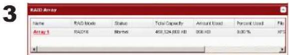 3 RAID Array Name RAID Mode Status Total Capacity Amount Used Percent Used File Array 1 RAD16 Normal 458,524,600 KB 806 KB 0.00 % XFS