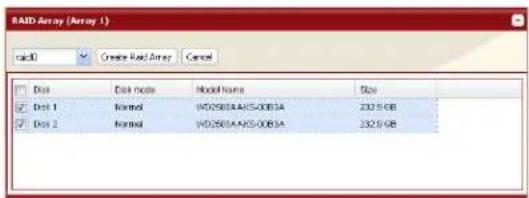 RAID Array (Array 1) rac0 Create Rad Array Cancel Disk Disk note Model Name Size Disk 1 Named WD2501AANS-00B3A 232.5 GB Disk 2 Named WD2501AANS-00B3A 232.5 GB