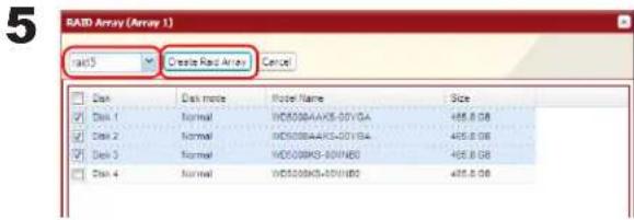 RAID Array (Array 1) Data Create Data Array Cancel Disk Disk mode Node Name Size Disk 1 Normal WD500AAAXS-00VGA 465.0.08 Disk 2 Normal WD500AAAXS-00VBA 465.0.08 Disk 3 Normal WD500BKS-00WNB 465.0.08 Disk 4 Normal WD500BKS-00WBO 465.0.08