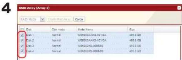 RAID Array (Array 1) RAID Mode Create Pack Array Cancel Disk Disk mode ModelName Size Disk 1 Normal W05002AAK3-00VBA 485.0 MB Disk 2 Normal W05002AAK3-00VCA 485.0 MB Disk 3 Normal W05002KS-00MAB 485.0 MB Disk 4 Normal W05002KS-00MAB 485.0 MB