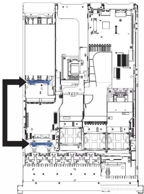 Technical diagram of an electronic device rear panel with labeled components and directional arrows indicating assembly or status.
