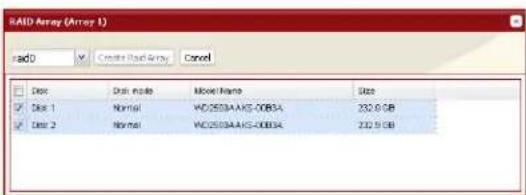 RAID Array (Array 1) rad0 Create Rad Array Cancel Disk Disk mode Model Name Size Disk 1 Normal WD2553AAKS-00B3A 232.9 GB Disk 2 Normal WD2553AAKS-00B3A 232.9 GB
