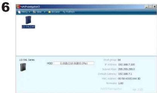 6 NASNavigator2 Menu View Display 6 Sketch LS-9HL Series HDD 0.008/218.5GB(0.0%) Workgroup: bt IP Address: 192.368.7.100 Subnet Name: 255.255.255.0 Default Category: 192.368.7.1 NIC Address: 00.50+43.E3.A4.3D Hardware: 1.00 NASNavigator2 View 7.15
