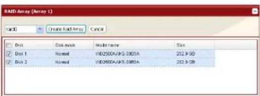 RAID Array (Array 1) sack0 Create RAID Array Cancel Disk Disk mode Model name Size Disk 1 Normal WID2500A/UKS-00B5A 212.9 GB Disk 2 Normal WID2500A/UKS-00B5A 212.9 GB