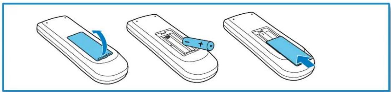 Three-step illustration of a remote control device with blue battery and battery plug, showing step-by-step assembly (no text or symbols)