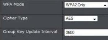 WPA Mode WPA2 Only Cipher Type AES Group Key Update Interval 3600