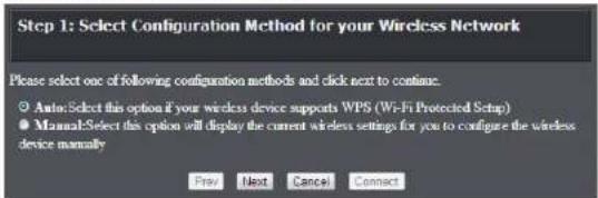 Step 1: Select Configuration Method for your Wireless Network Please select one of following configuration methods and click next to continue. ○ Auto:Select this option if your wireless device supports WPS (Wi-Fi Protected Setup) ● Manual:Select this option will display the current wireless settings for you to configure the wireless device manually Pre Next Cancel Connect