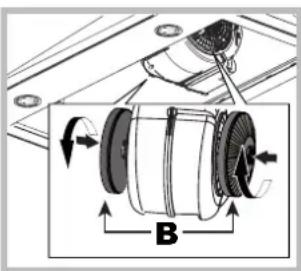 Technical diagram showing mechanical assembly with labeled component B and directional arrows indicating motion or force