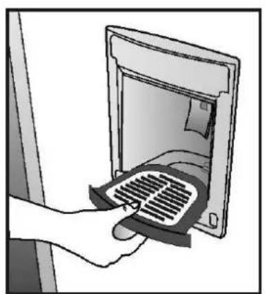 Illustration of a hand inserting a grating into a device (no text or symbols visible)
