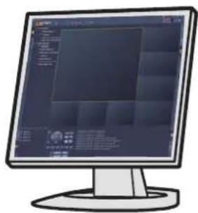 Computer monitor displaying a digital interface with text and icons on its screen