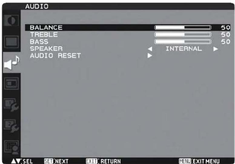 AUDIO BALANCE 50 TREBLE 50 BASS 50 SPEAKER AUDIO RESET INTERNAL SEL SET NEXT EXIT RETURN MENU EXIT MENU