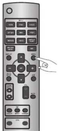 Diagram of a remote control with labeled buttons and a hand pointing to the right button.