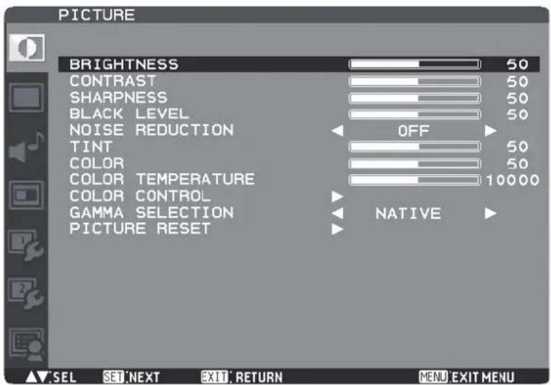 PICTURE BRIGHTNESS 50 CONTRAST 50 SHARPNESS 50 BLACK LEVEL 50 NOISE REDUCTION OFF TINT 50 COLOR 50 COLOR TEMPERATURE 100.00 COLOR CONTROL GAMMA SELECTION PICTURE RESET NATIVE ▲▼ SEL SET NEXT EXIT RETURN MENU EXIT MENU