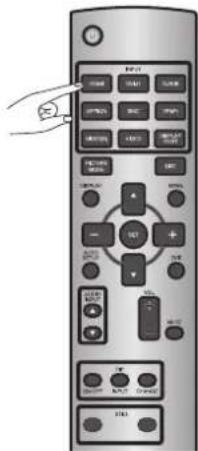 Diagram of a remote control with labeled buttons and a hand pointing to the left button.