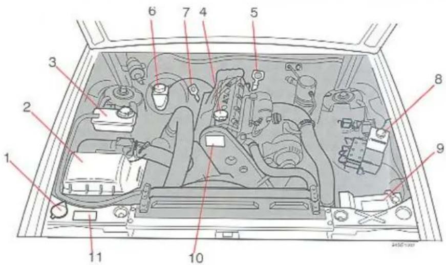 Technical diagram of a car engine compartment with numbered parts for identification