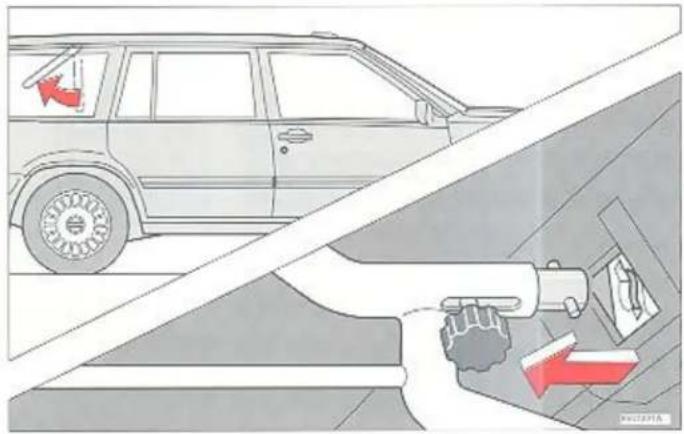 Diagram illustrating vehicle safety with a hand operating a device near a car, showing red directional arrows indicating movement or flow.