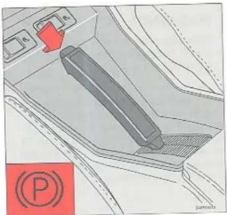 Diagram showing a vehicle gear shift mechanism with a red arrow and a parking sign indicating 'P' (Parking).