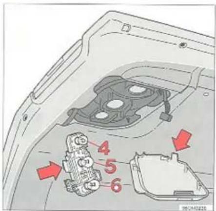 Technical diagram of a car interior with numbered components and directional arrows indicating movement or assembly.
