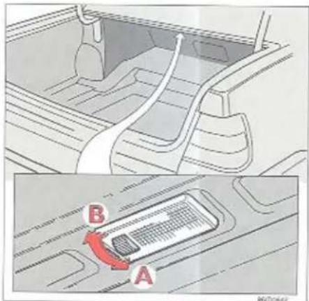 Diagram showing car interior and rearview view with labeled components A and B, including a red directional arrow indicating flow or movement.