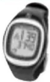 Close-up of a black and white wristwatch with a digital display showing approximately 12:30 (no visible text or symbols on the watch face)