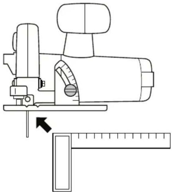 Technical line drawing of a sewing machine with a ruler and clamped mechanism (no text or symbols)