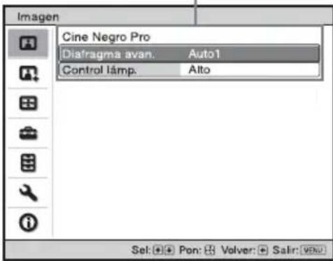Imagen Cine Negro Pro Diafragma avan. Auto1 Control lámp. Alto Sel: Mon Volver: Salir: Venu
