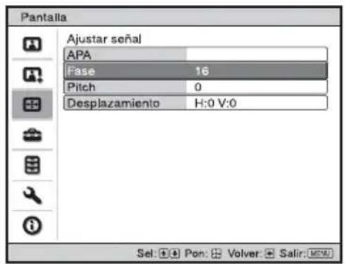Pantalla Ajustar señal APA Fase 16 Pitch 0 Desplazamiento H:0 V:0 Sel: Mon Volver Salir: M50
