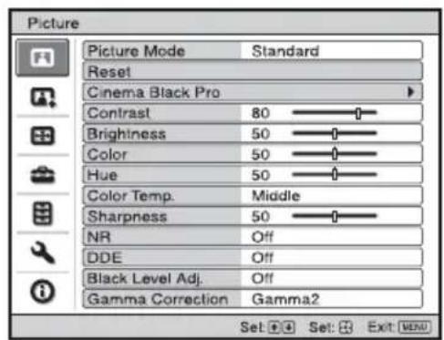 Picture Picture Mode Standard Reset Cinema Black Pro Contrast 80 Brightness 50 Color 50 Hue 50 Color Temp. Middle Sharpness 50 NR Off DDE Off Black Level Adj. Off Gamma Correction Gamma2 Set Set Exit MENU