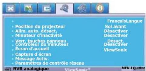Position du projecteur Alim. auto, déact. Minuteur d'inactivité Verr. touches panneau Contrôleur du minuteur Écran d'accueil Capture d'écran Message Activ. Paramètres de contrôle réseau FrançaisLangue Sol avant Désactiver Désactiver Désact. Désactiver ViewSonic RVB analogique ViewSonic* MENU Quitter
