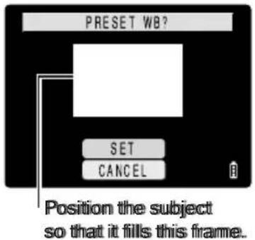 PRESET WB? SET CANCEL Position the subject so that it fills this frame.