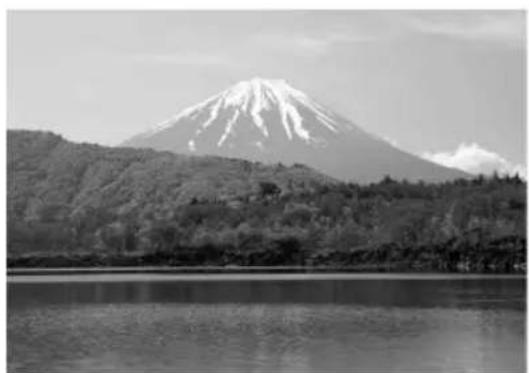 Black-and-white landscape photo of Mount Fuji with snow-capped peaks reflected in a calm lake, surrounded by forested hills, no text or symbols visible.