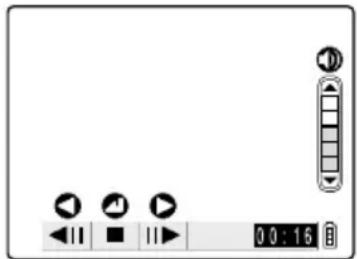 Digital media player control interface showing playback buttons and time display.